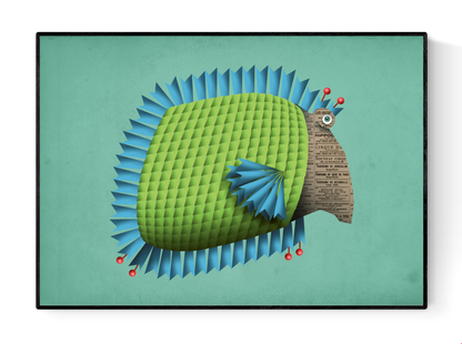 "Edith la Poissonne" art print by Studio Frits – whimsical digital illustration of a stylized green fish with blue spines, newspaper-textured face, and red accents, perfect for modern interiors, kids' decor, and lovers of quirky aquatic art, available at Galerie Frits