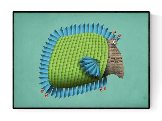 "Edith la Poissonne" art print by Studio Frits – whimsical digital illustration of a stylized green fish with blue spines, newspaper-textured face, and red accents, perfect for modern interiors, kids' decor, and lovers of quirky aquatic art, available at Galerie Frits
