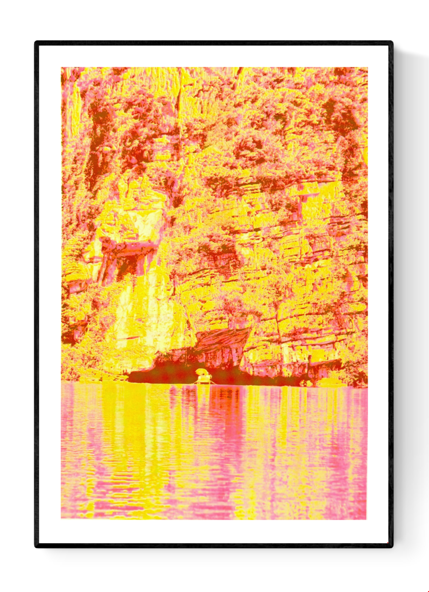 Vibrant risograph art print inspired by the cliffs and waterways of Ninh Binh, Vietnam, featuring bold neon yellows and pinks, textured rock formations, and reflective water. Contemporary limited-edition A3 artwork by PTRVRKD printed on Munken Pure Rough paper, perfect for modern interior decor.