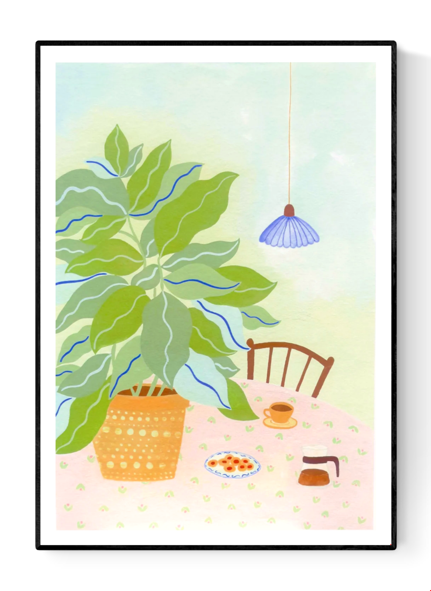 A3 illustration "Coffee Plant" by Leens showing a large leafy plant in a yellow pot, a table with a pink floral cloth, coffee cup, cookies, and carafe. Ideal for cozy kitchen or slow living decor.