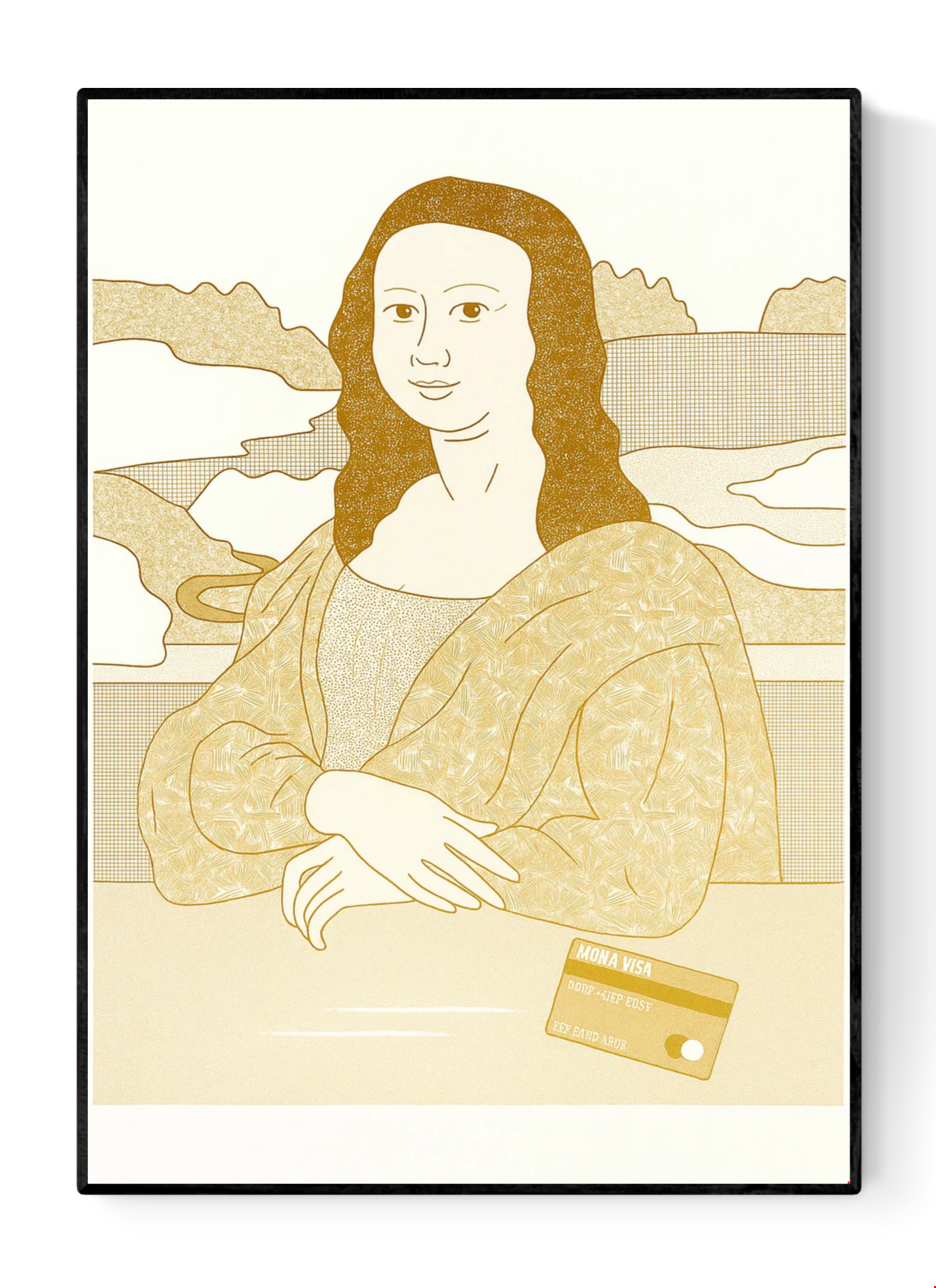 Humorous risograph art print titled “Mona Visa” by Studio Stoutpoep, featuring a parody of the Mona Lisa with a gold credit card on the table. A3 print in warm yellow tones, made in Belgium.