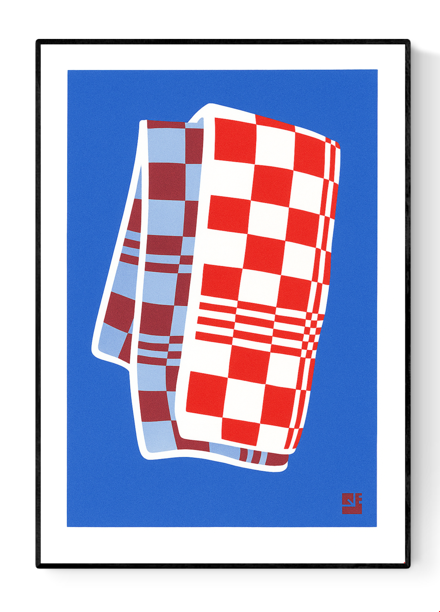 A4 risograph print titled Towel by Dutch studio VrijFormaat. Features a red and blue checkered dish towel illustrated in bold, minimalist style. Part of the “Extra Ordinary” series, printed on 160g Biotop paper using soy-based risography ink. Ideal for lovers of design, pattern, and printmaking.