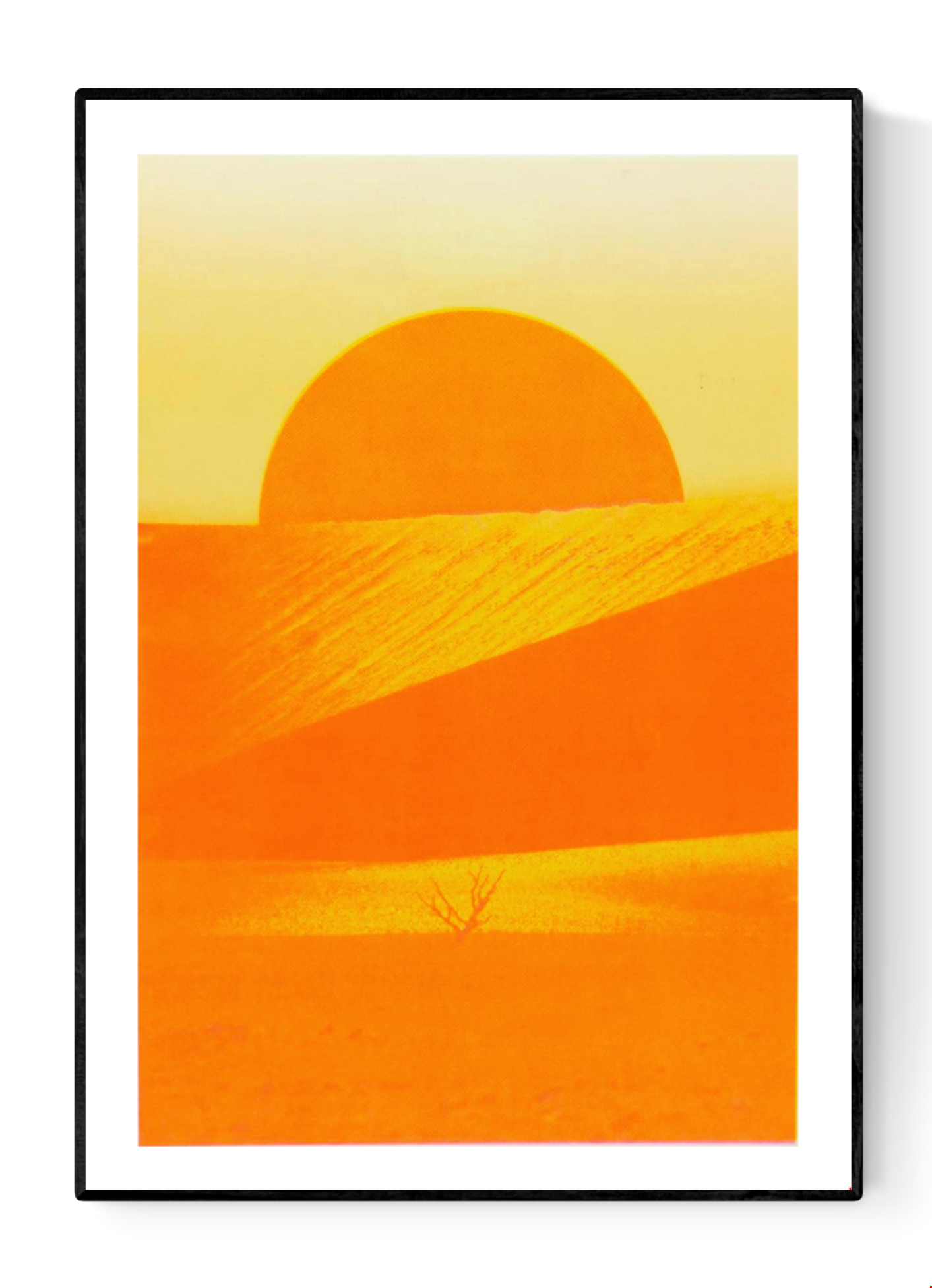 Risograph art print ‘Sossusvlei’ by PTRVRKD, featuring a bright orange desert landscape with a rising sun, minimal dunes, and a solitary dry tree, printed on Munken Pure Rough paper in A3 size. Limited-edition modern landscape artwork inspired by the Namib Desert.