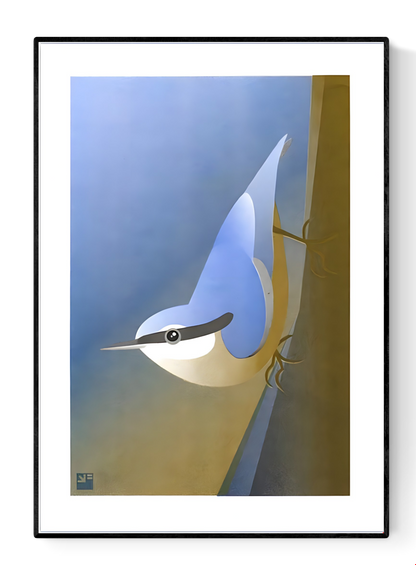 Illustration of a stylized nuthatch bird clinging to a tree in minimalist, soft blue and ochre tones – Nuthatch by VrijFormaat, A4 risograph art print made in the Netherlands.