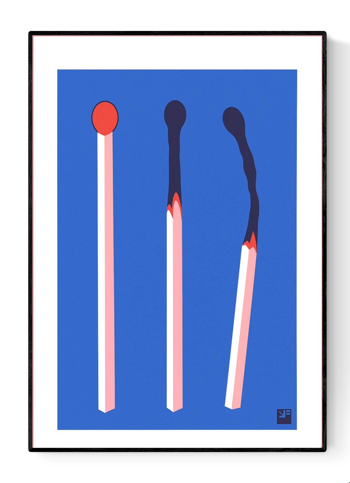Minimalist risograph art print of three red and blue matchsticks in various stages of burning, designed by VrijFormaat on A4 Biotop paper.