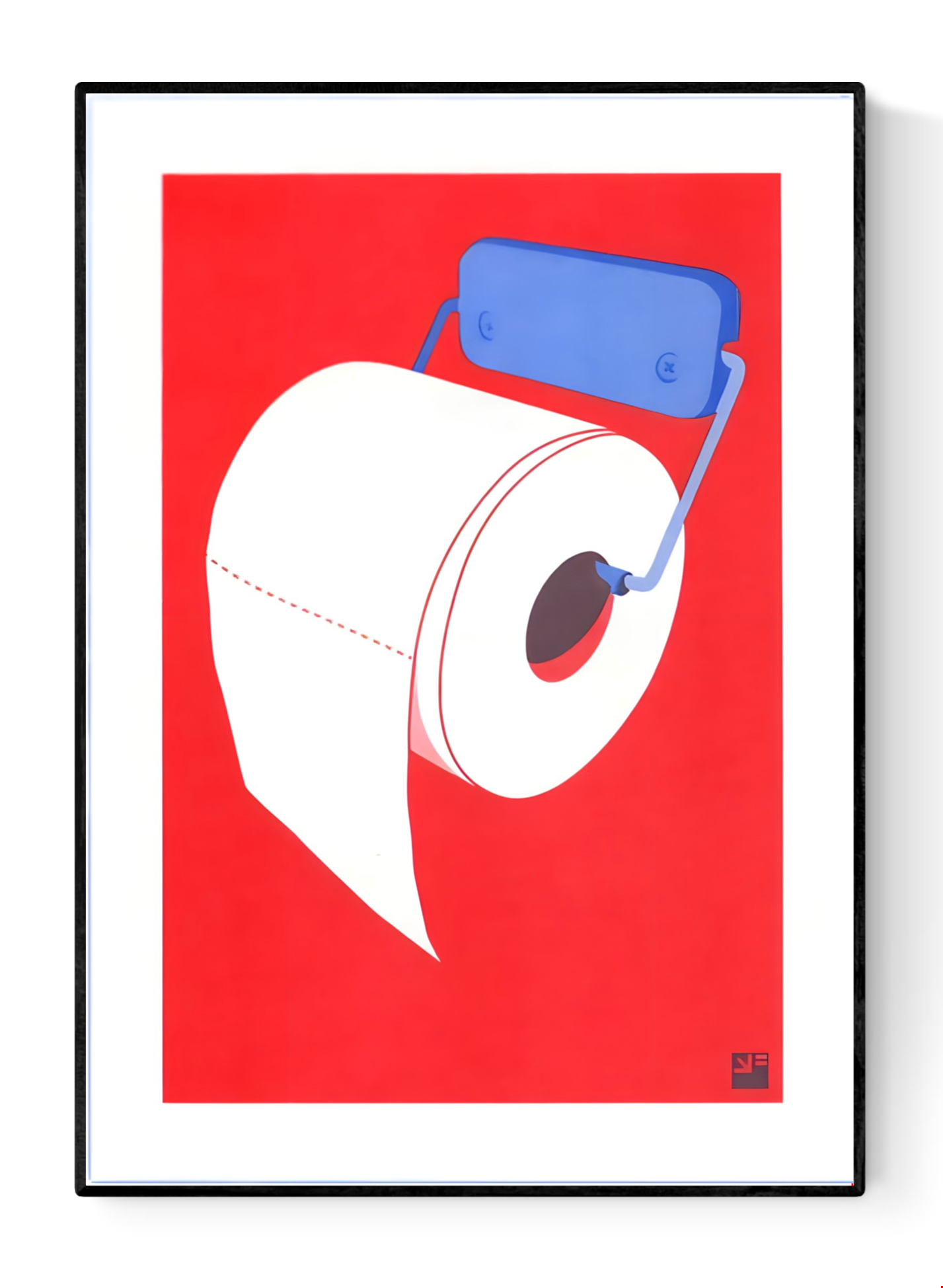 Minimalist risograph art print of a toilet paper roll in bold red and blue by VrijFormaat. Modern pop-art style wall art celebrating everyday design objects. Printed on Biotop 160g paper, A4 size, made in the Netherlands.