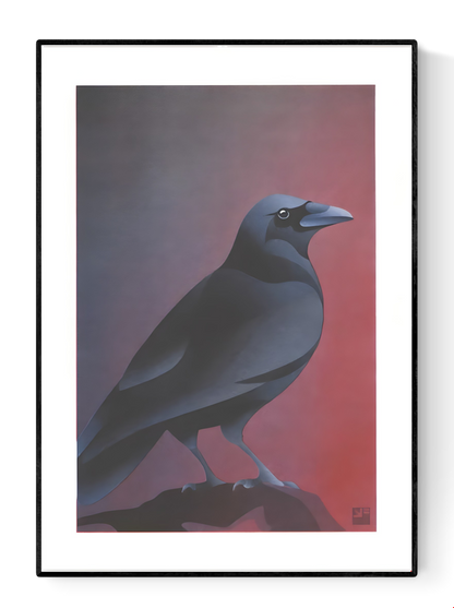 Atmospheric crow art print by Vrijformaat, featuring a sleek black crow against a moody gradient background of red and violet hues. A minimalist and elegant illustration perfect for modern interiors and bird lovers. Available at Galerie Frits