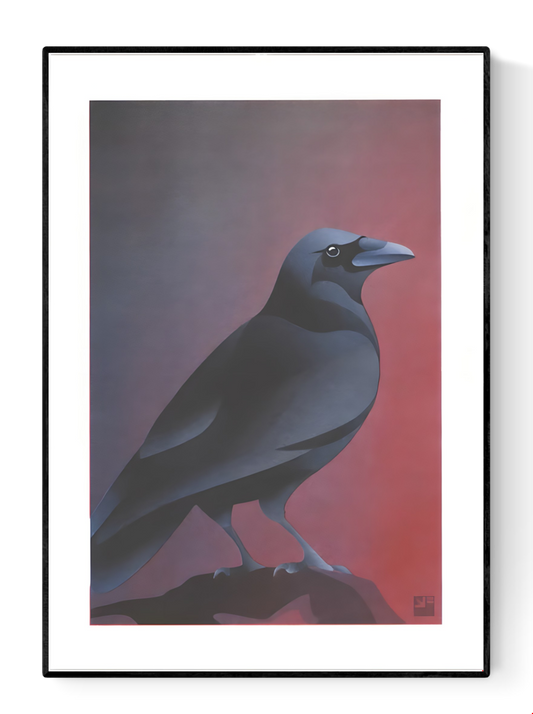 Atmospheric crow art print by Vrijformaat, featuring a sleek black crow against a moody gradient background of red and violet hues. A minimalist and elegant illustration perfect for modern interiors and bird lovers. Available at Galerie Frits