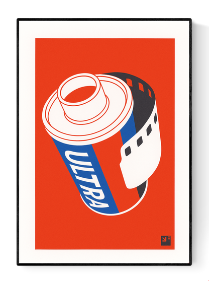 "Film Roll" by VrijFormaat – bold minimalist illustration of a retro 35mm film canister labeled “Ultra” in red, white, and blue, evoking vintage photography nostalgia and modern pop art aesthetics; a perfect gift for analog film lovers and creative wall decor, available at Galerie Frits