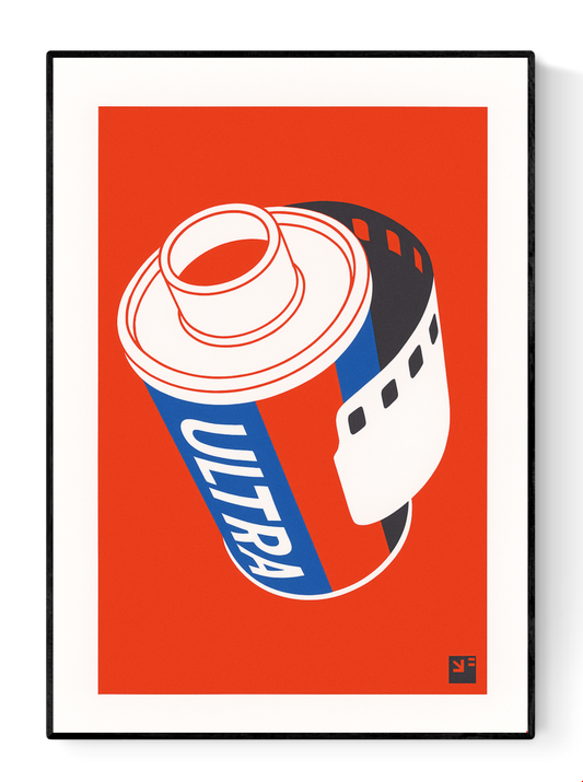"Film Roll" by VrijFormaat – bold minimalist illustration of a retro 35mm film canister labeled “Ultra” in red, white, and blue, evoking vintage photography nostalgia and modern pop art aesthetics; a perfect gift for analog film lovers and creative wall decor, available at Galerie Frits