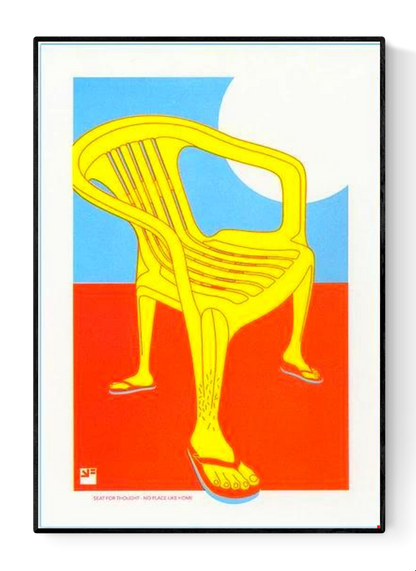 Bold risograph print of a yellow plastic chair with human legs in flip-flops against a red and blue background – No Place like Home by VrijFormaat, A4 art print from the Seat for Thought series.