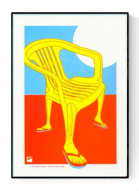 Bold risograph print of a yellow plastic chair with human legs in flip-flops against a red and blue background – No Place like Home by VrijFormaat, A4 art print from the Seat for Thought series.