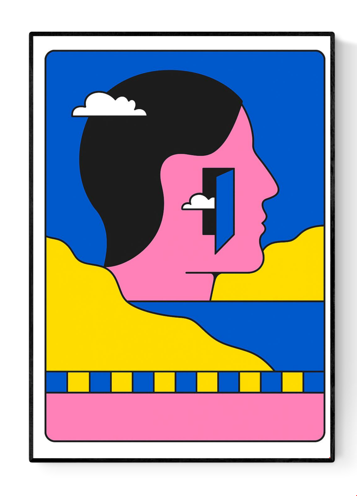 Colorful silkscreen print of a modern pink, blue, yellow graphic human face by PTRVRKD, titled Wanderer, on 50 x 65 cm 300 gsm Carson paper. Limited edition handprinted art with bold pop art style.