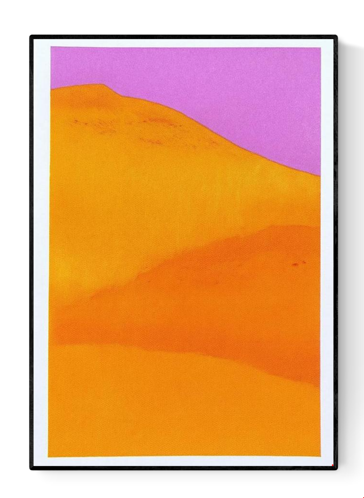 Vibrant yellow and orange sand dunes with bold purple sky, minimalist 13x18 cm risograph landscape print by PTRVRKD, handmade in the Netherlands.