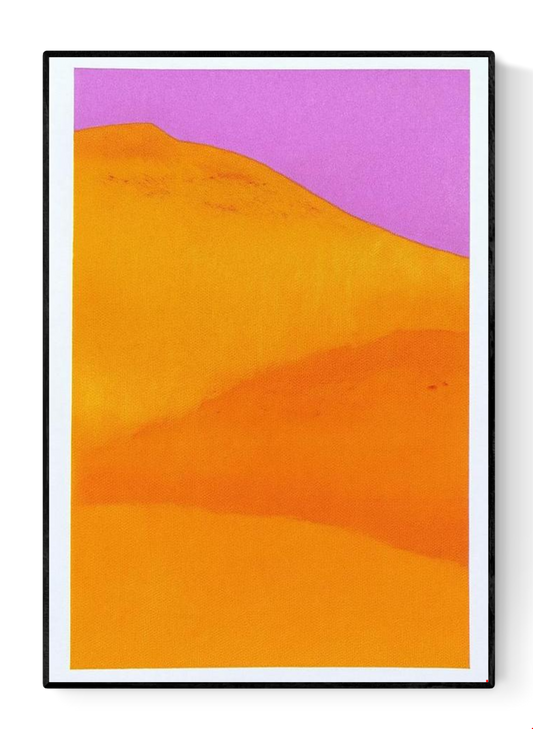 Vibrant yellow and orange sand dunes with bold purple sky, minimalist 13x18 cm risograph landscape print by PTRVRKD, handmade in the Netherlands.