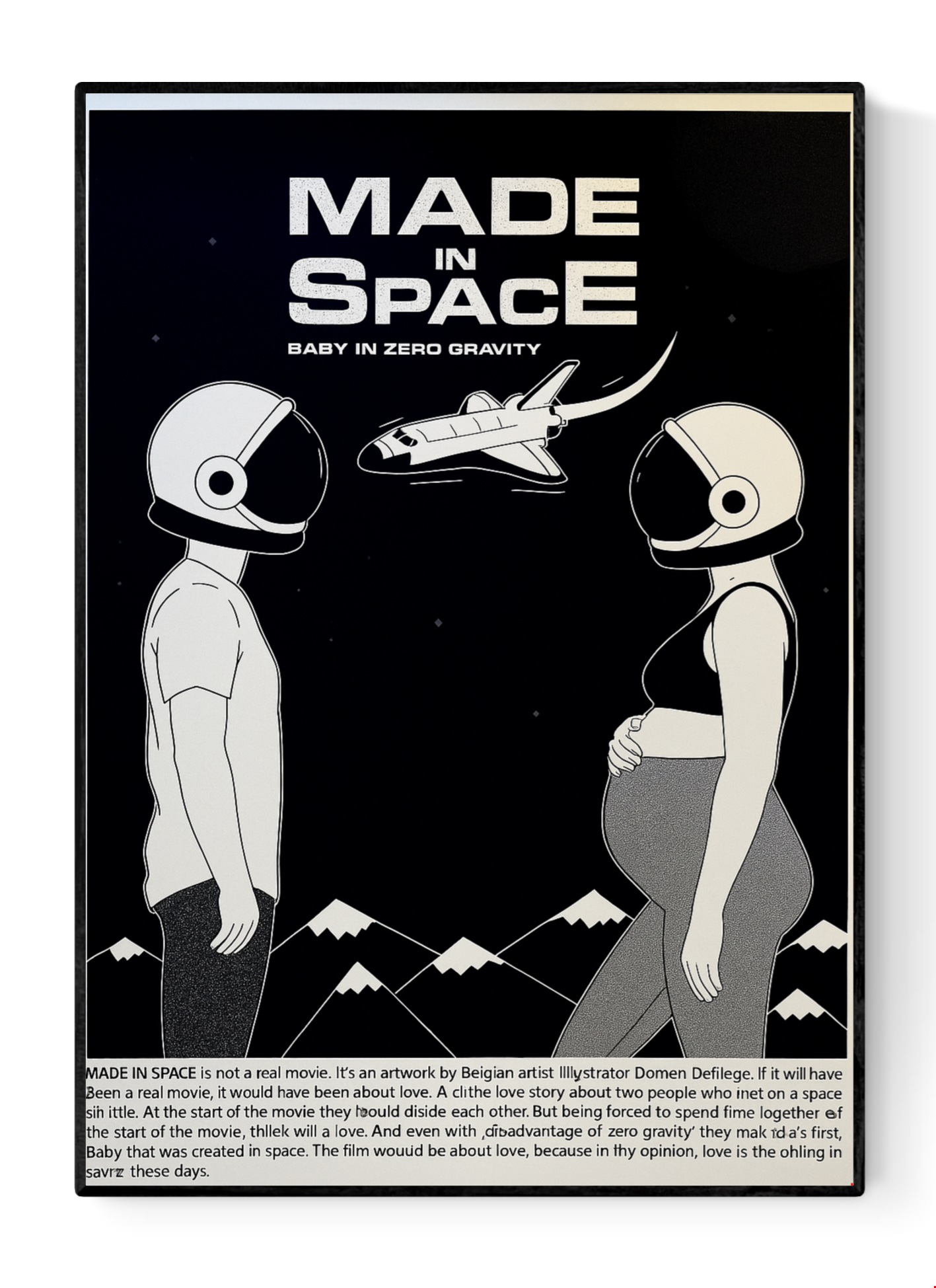 Illustration titled "Made in Space" by Studio Stoutpoep showing a pregnant woman and a man in astronaut helmets facing each other under a space shuttle, with a dark sky and mountain background – 50 x 70 cm screenprint artwork printed in Belgium.