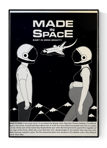 Illustration titled "Made in Space" by Studio Stoutpoep showing a pregnant woman and a man in astronaut helmets facing each other under a space shuttle, with a dark sky and mountain background – 50 x 70 cm screenprint artwork printed in Belgium.