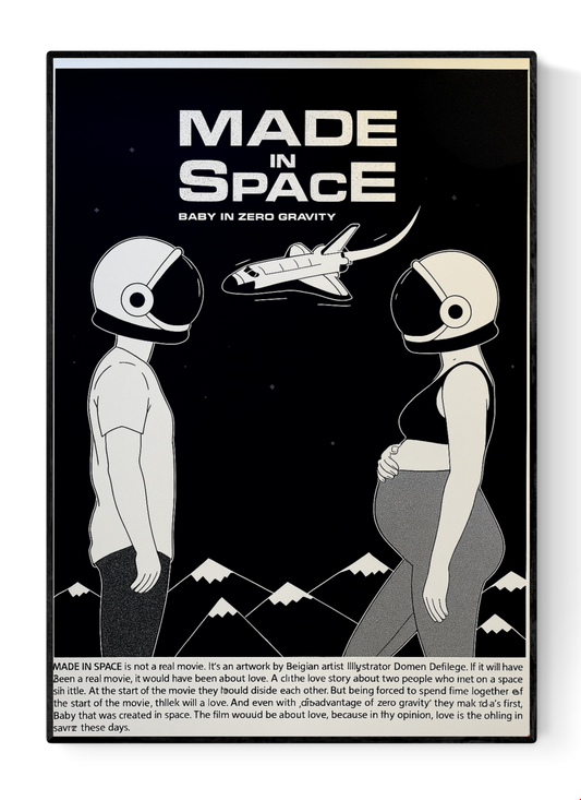 Illustration titled "Made in Space" by Studio Stoutpoep showing a pregnant woman and a man in astronaut helmets facing each other under a space shuttle, with a dark sky and mountain background – 50 x 70 cm screenprint artwork printed in Belgium.
