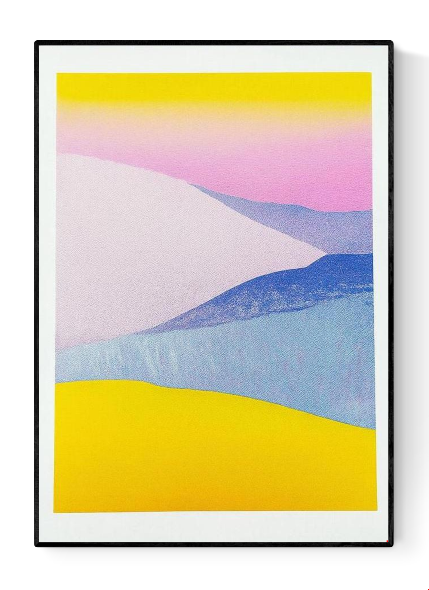 Minimal pastel landscape risograph print by Dutch illustrator PTRVRKD featuring yellow sand dunes, blue hills, and a soft pink sky gradient. Handmade 12.5 x 17.5 cm art print on Biotop 250 gsm paper with soy-based inks. Ideal wall art for modern interiors, Scandinavian style, or desert-inspired home décor.