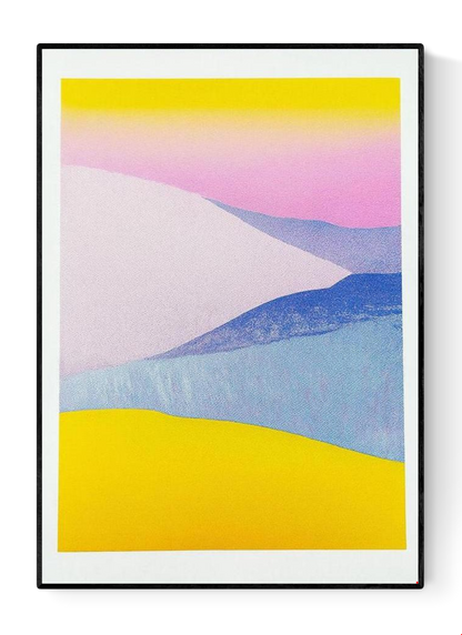 Minimal pastel landscape risograph print by Dutch illustrator PTRVRKD featuring yellow sand dunes, blue hills, and a soft pink sky gradient. Handmade 12.5 x 17.5 cm art print on Biotop 250 gsm paper with soy-based inks. Ideal wall art for modern interiors, Scandinavian style, or desert-inspired home décor.