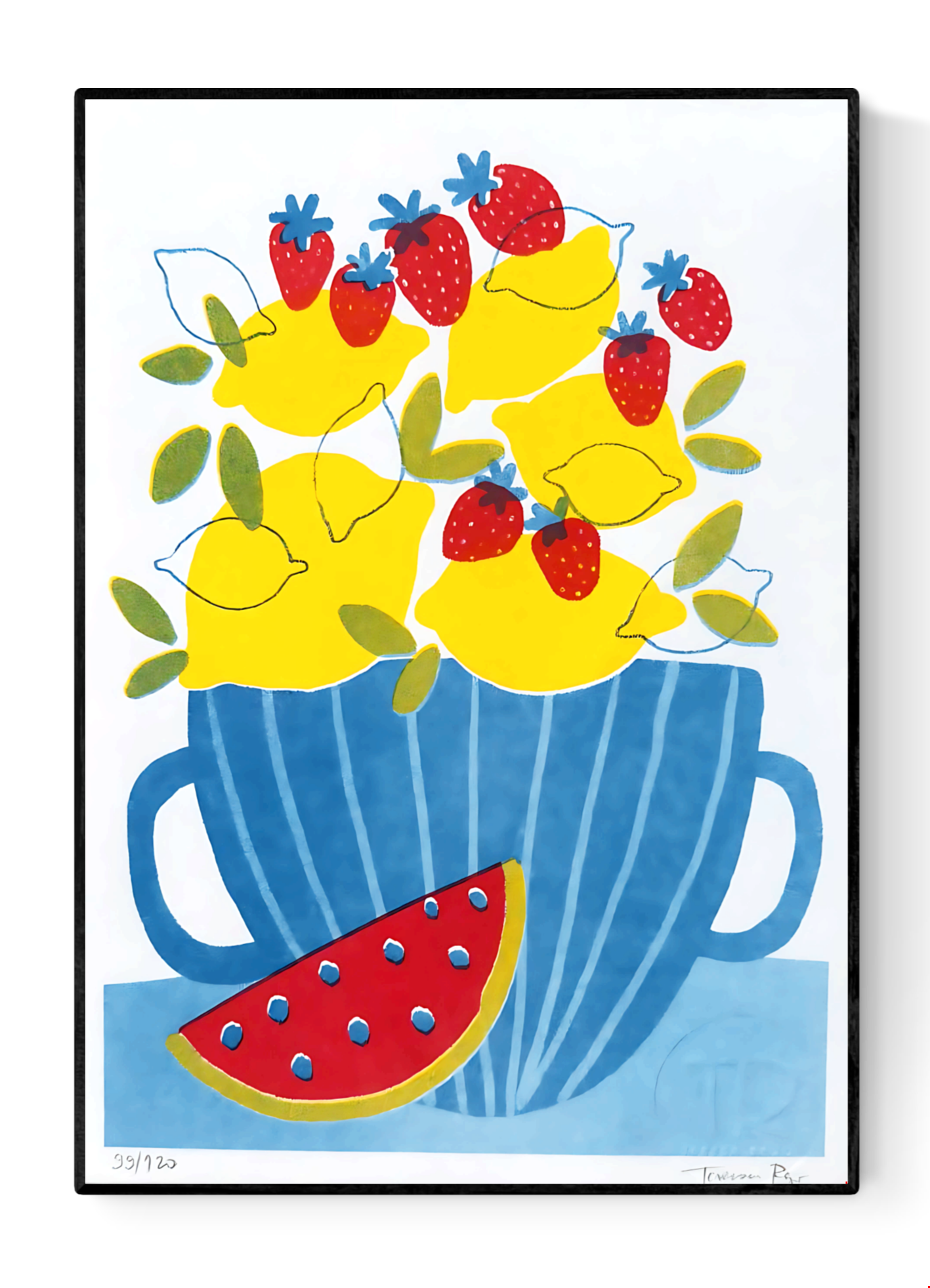 A5 risograph art print titled Lemonade by Teresa Rego, featuring a colorful blue cup filled with lemons, strawberries, and a slice of watermelon – limited edition Portuguese illustration on 150g paper.