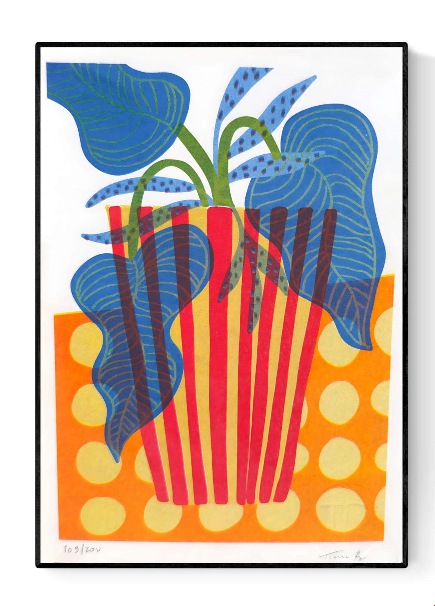 Colorful risograph print of a red-striped pot with bold blue and green foliage on an orange polka-dot background – Popcorn pot by Teresa Rego, A5 limited edition art print made in Portugal.