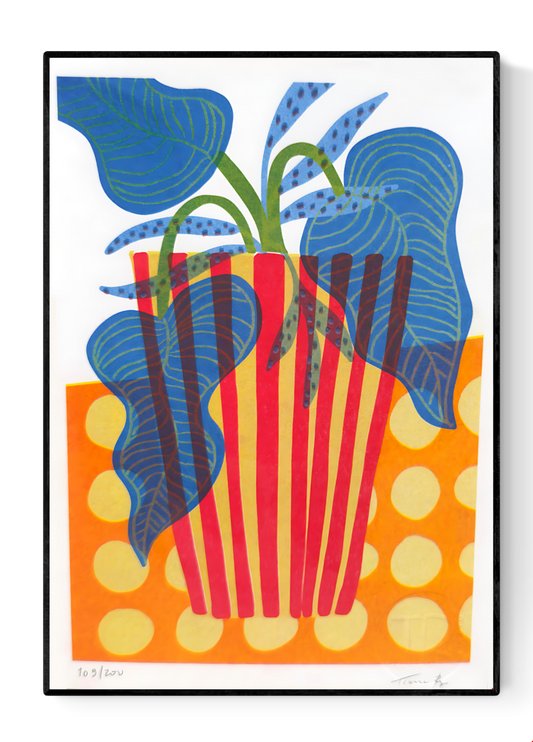 Colorful risograph print of a red-striped pot with bold blue and green foliage on an orange polka-dot background – Popcorn pot by Teresa Rego, A5 limited edition art print made in Portugal.