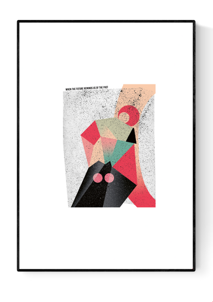 Abstract art print titled “When the Future Reminds Us of the Past” by Gert Paenen, featuring geometric shapes in pink, coral, green, and black with retro textures, hand-signed limited edition, 30x40 cm.