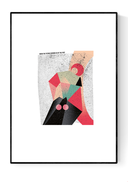 Abstract art print titled “When the Future Reminds Us of the Past” by Gert Paenen, featuring geometric shapes in pink, coral, green, and black with retro textures, hand-signed limited edition, 30x40 cm.