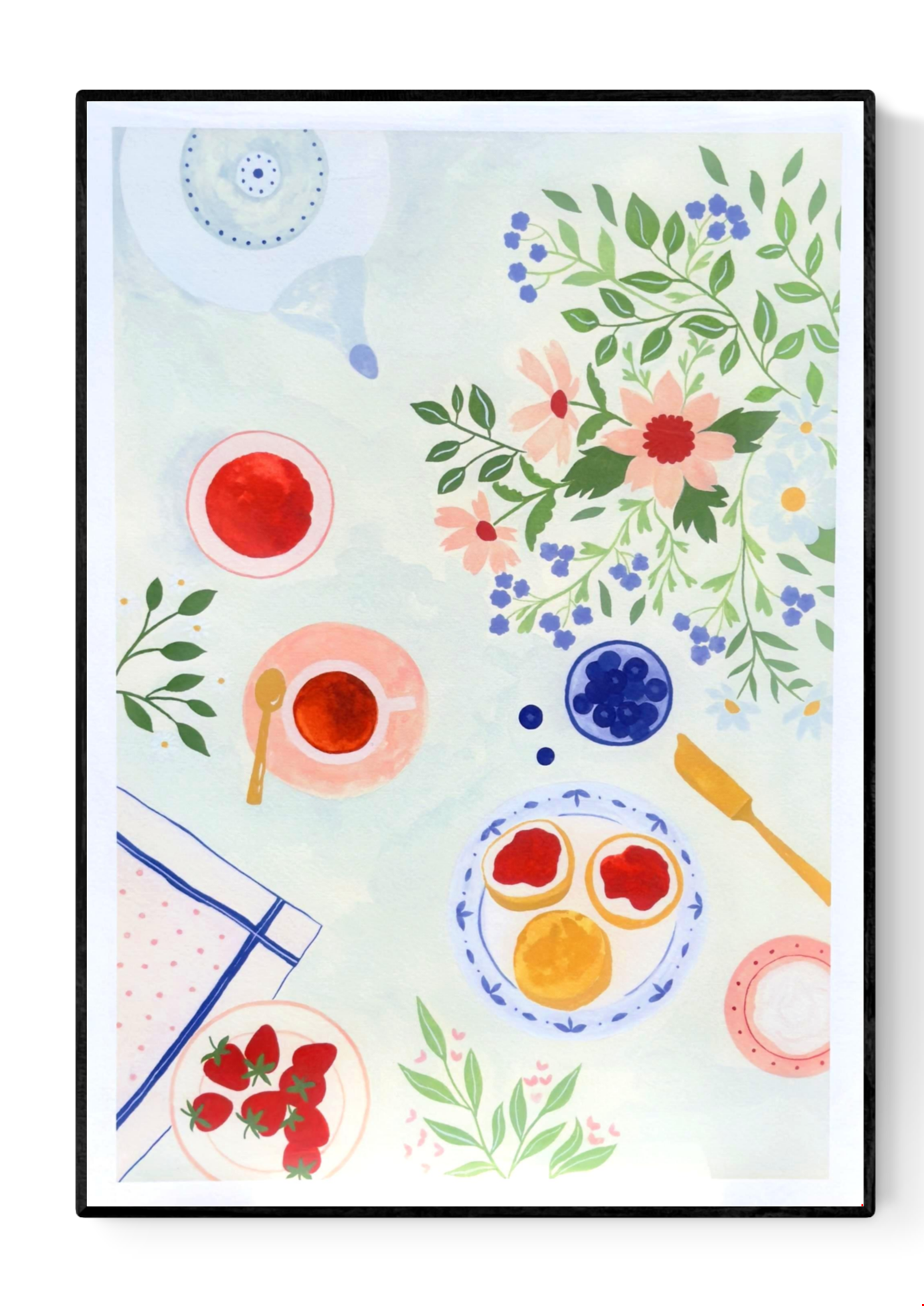 A3 digital illustration print titled "Tea Time" by Leens, featuring a top-down flat-lay of a breakfast scene with tea cups, scones with jam, blueberries, strawberries, a yellow knife, and soft pink and blue floral accents on a pastel background. Perfect for decorating kitchens or dining spaces with a cozy and fresh vibe.