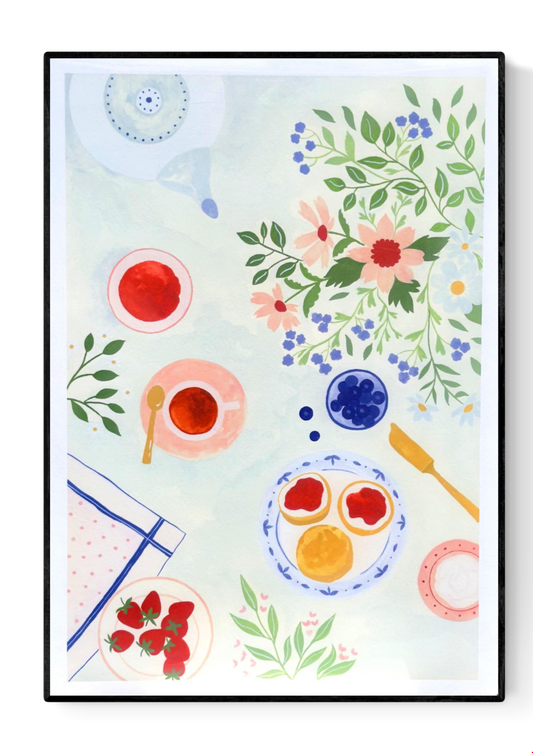 A3 digital illustration print titled "Tea Time" by Leens, featuring a top-down flat-lay of a breakfast scene with tea cups, scones with jam, blueberries, strawberries, a yellow knife, and soft pink and blue floral accents on a pastel background. Perfect for decorating kitchens or dining spaces with a cozy and fresh vibe.