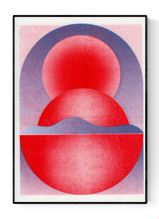 Abstract geometric risograph print by Dutch illustrator PTRVRKD – bold blue and red still life with circular shapes, gradients, and modern minimalist design, printed with eco-friendly soy inks on 250 gsm Biotop paper, handmade in the Netherlands – ideal contemporary wall art for design enthusiasts.