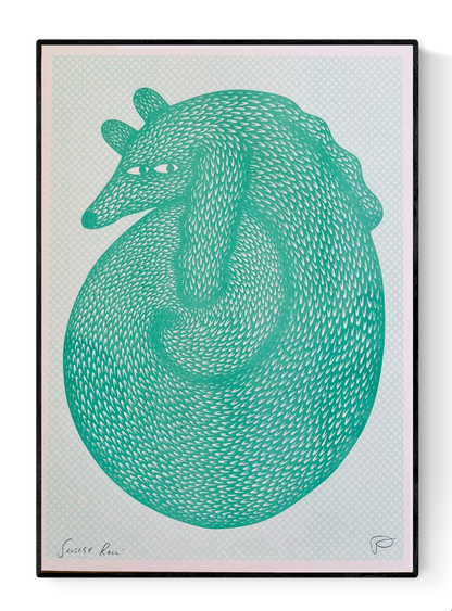 Playful risograph illustration of a curled-up green animal resembling a fox or dog, with hypnotic, swirling fur patterns and expressive eyes, titled Sausage Roll by Strangford, printed on A3 recycled paper in Northern Ireland.