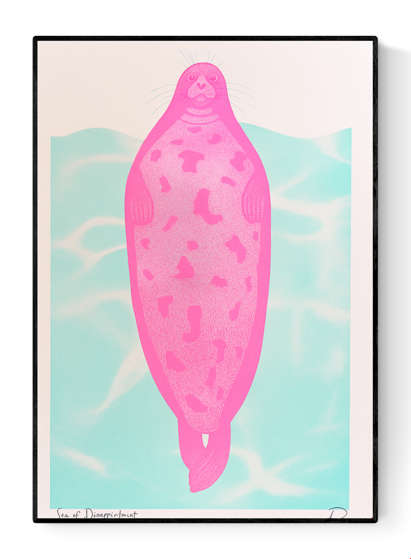 Humorous pink seal risoprint titled "Seal of Disapproval" by Strangford, featuring a bold stylized animal floating over a turquoise water background in A3 size.