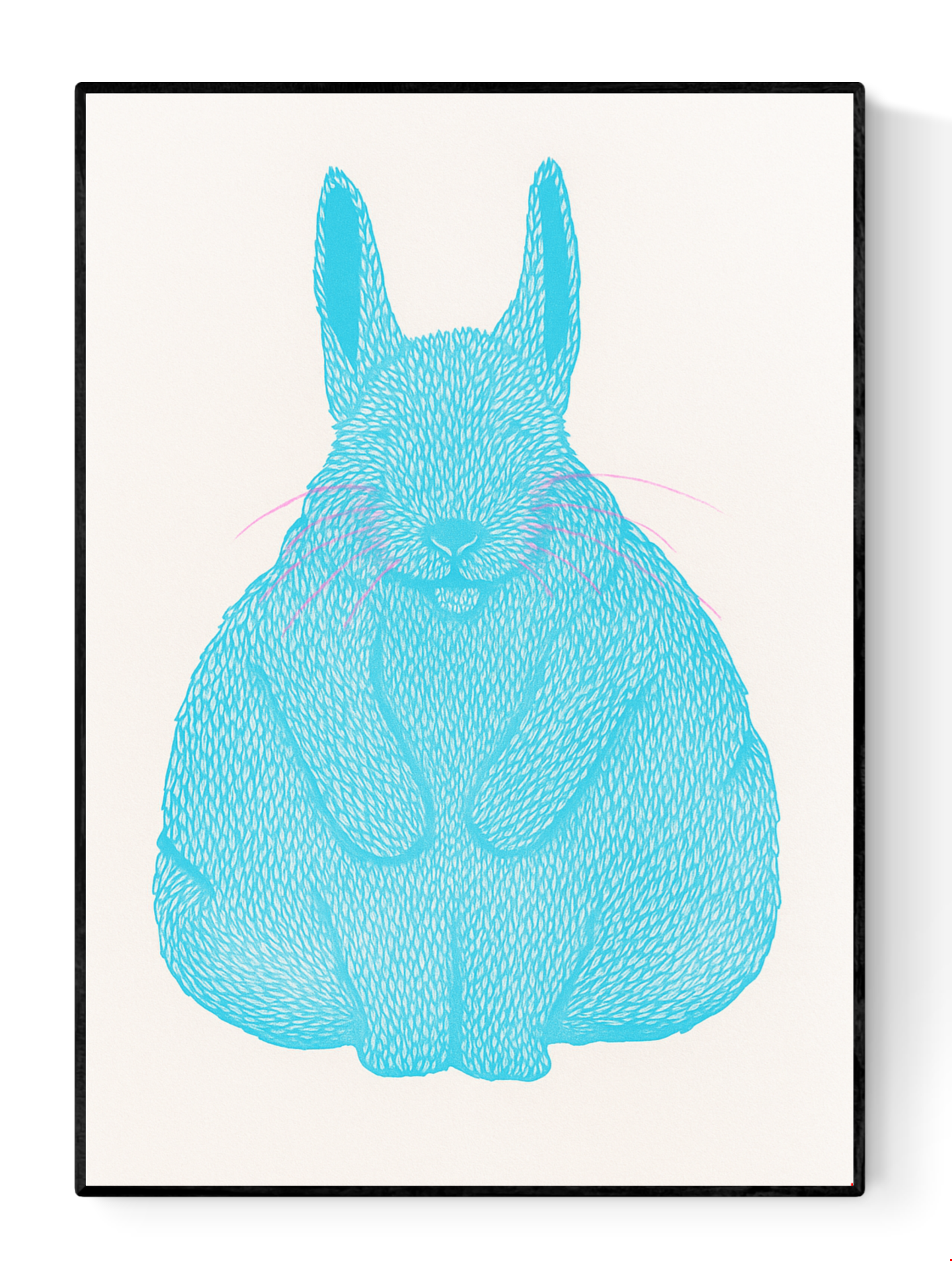 Risograph art print titled Siesta by Strangford, featuring a turquoise blue bunny with pink whiskers curled in a peaceful nap, printed on eco-friendly A3 recycled paper in Northern Ireland.