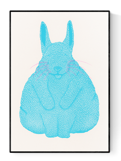 Risograph art print titled Siesta by Strangford, featuring a turquoise blue bunny with pink whiskers curled in a peaceful nap, printed on eco-friendly A3 recycled paper in Northern Ireland.
