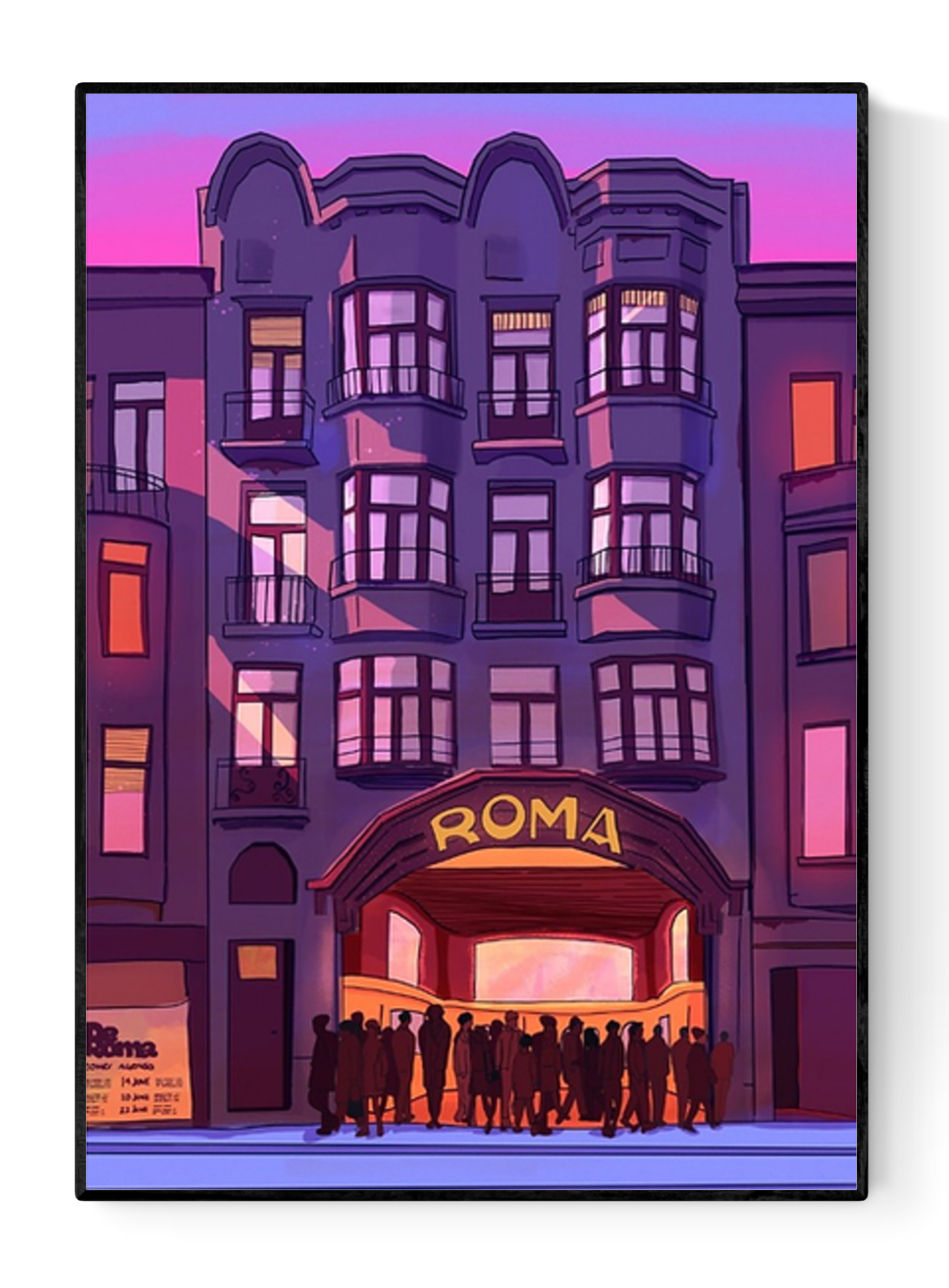Digital art print of De Roma concert hall in Antwerp by Valeria Maggiani, purple and pink evening scene with silhouetted people, A4 format, printed in Belgium, perfect gift for Antwerp and music lovers.