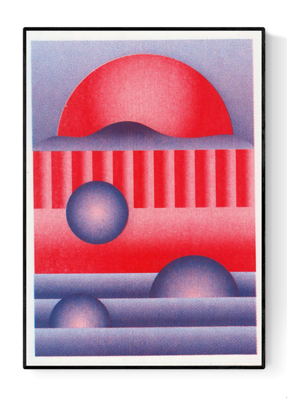 Red and purple geometric risograph print by Dutch illustrator PTRVRKD. Abstract modern art featuring bold circular shapes, vibrant red and purple gradients, and layered lines. Unique, handmade art print on Biotop paper, perfect for modern home or office decoration