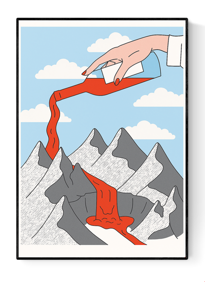 A3 risograph print titled Mountains and Wine by Belgian illustrator Studio Stoutpoep. Features a surreal scene of a giant hand pouring red wine over cartoon-style snowy mountains, turning it into a flowing river. Printed with soy-based inks on recycled paper in Belgium.