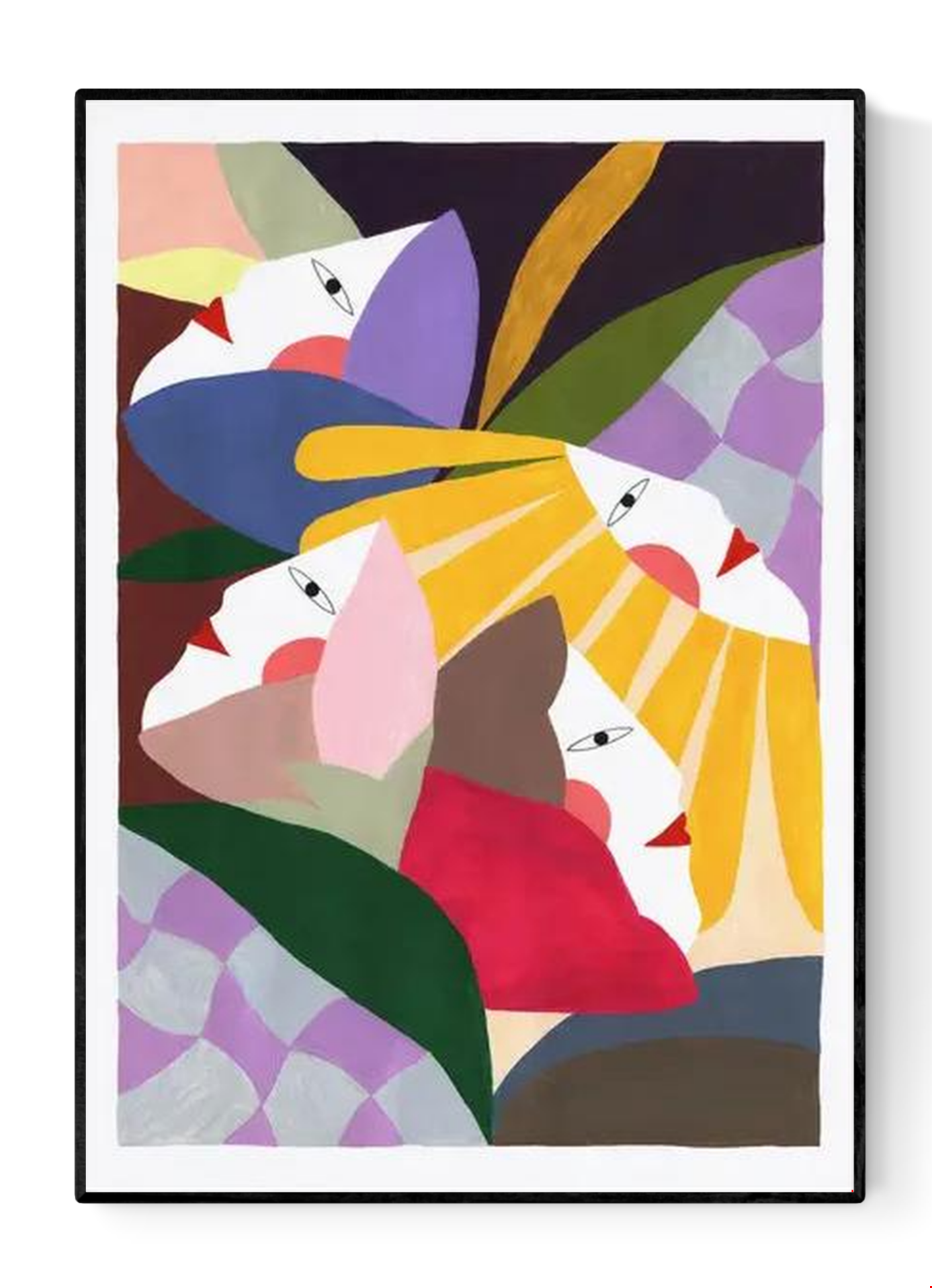 Colorful abstract art print titled Flowers & Woman by Depeapa, featuring stylized female faces surrounded by bold geometric flower shapes and organic forms in vibrant pink, yellow, purple, and green tones – modern wall art perfect for lovers of feminine, floral, and contemporary illustration.