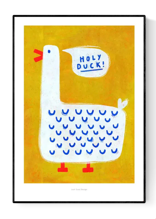 Humorous A3 art print of a cartoon white duck on a mustard yellow background with speech bubble saying “Holy Duck!” – playful illustration by Just Cool Design, printed on 230g matte fine art paper.