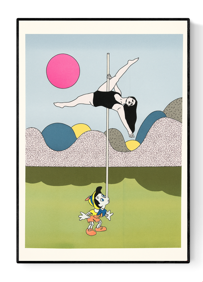 Risograph print titled Pole Position by Studio Stoutpoep, showing a pole dancer above a cartoon character in a surreal, humorous scene. A3 format, erotic pop art style, printed in Belgium on eco-friendly paper.