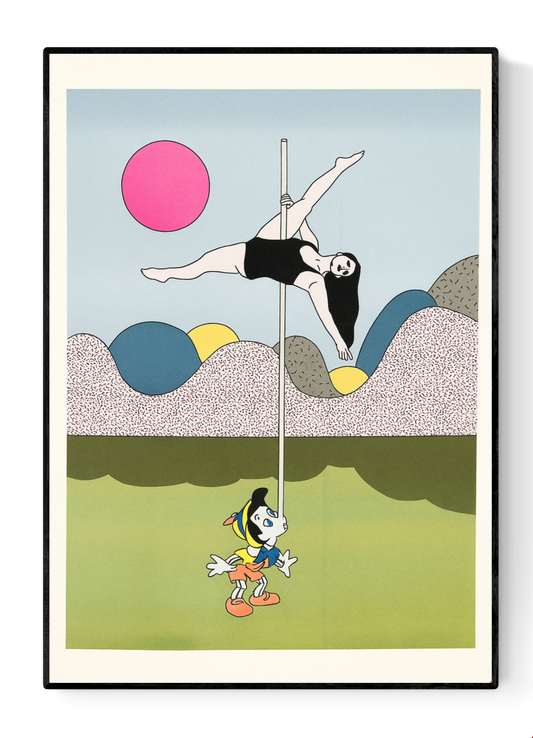 Risograph print titled Pole Position by Studio Stoutpoep, showing a pole dancer above a cartoon character in a surreal, humorous scene. A3 format, erotic pop art style, printed in Belgium on eco-friendly paper.