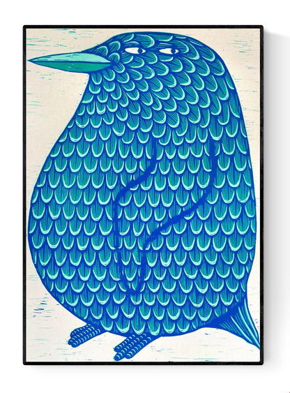 Limited edition 50 x 70 cm woodcut titled Waddle I Do by Northern Irish artist Strangford. Features a whimsical blue bird with expressive eyes and intricate feather textures, hand-printed using oil-based ink on 300g paper. Edition of 90, handcrafted in Northern Ireland.