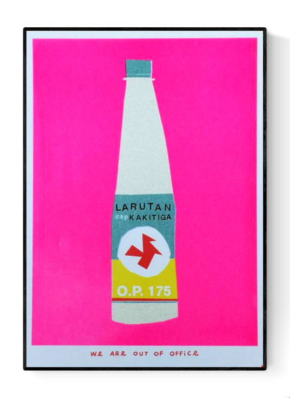 Indonesian Bottle Kakitiga risograph print by We Are Out of Office – colorful minimalist soy-ink artwork on 300g Biotop paper, inspired by Indonesian daily life, printed in the Netherlands.