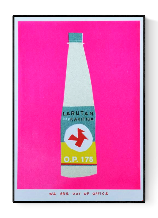 Indonesian Bottle Kakitiga risograph print by We Are Out of Office – colorful minimalist soy-ink artwork on 300g Biotop paper, inspired by Indonesian daily life, printed in the Netherlands.