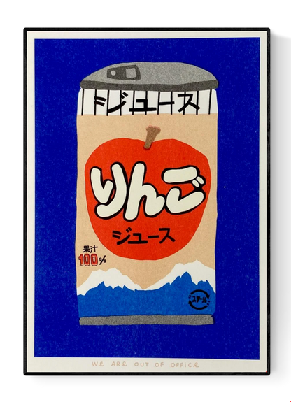 Colorful risograph print by We Are Out Of Office showing a can of Japanese apple juice with Mount Fuji in the background, printed in red, blue, and beige tones on eco-friendly paper – modern pop art wall decor for design lovers.