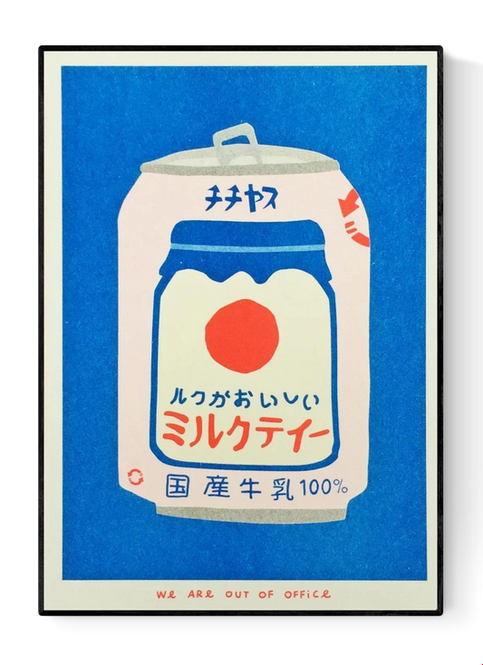 Japanese Can of Milky Tea risograph print by We Are Out of Office – bold and colorful pop-art illustration of retro Japanese drink can in blue, red, and cream tones, printed with soy ink on 300g Biotop paper.
