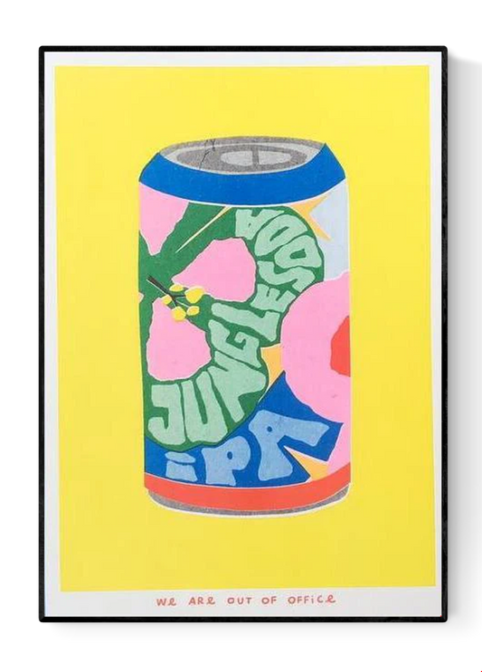 Colorful risograph print of a soda can with floral patterns and bold lettering titled “Jungle Soda IPA” by We Are Out Of Office – small-format wall art with bright yellow background, pop art style, 13 x 18 cm.