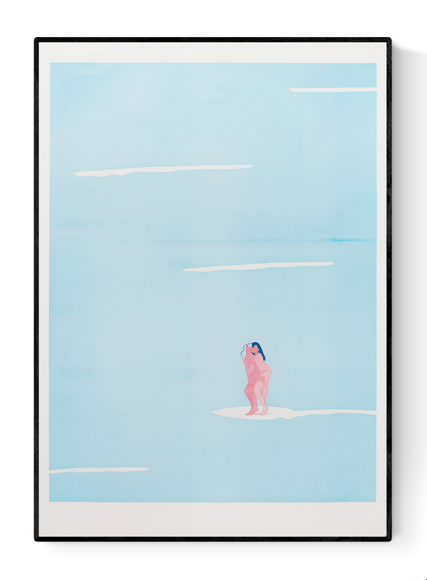 Minimalist illustration of two nude women surfing on a soft pastel sea by Studio Stoutpoep – contemporary Belgian art print in A3 size, featuring surreal humor and intimacy.
